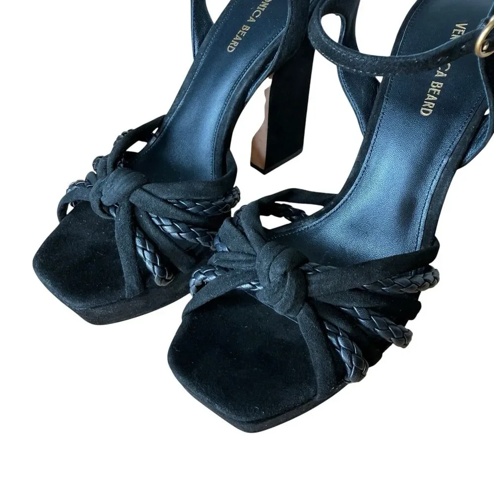 Veronica Beard Platform Sandals Size 7.5 Flavia Black Leather Suede Ankle Straps